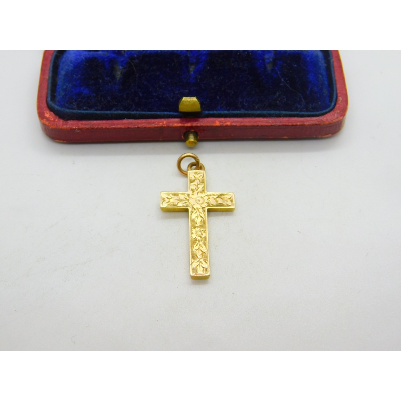 Scottish 9ct Yellow Gold Cross Floral Pattern Pendant 1920 Glasgow Antique