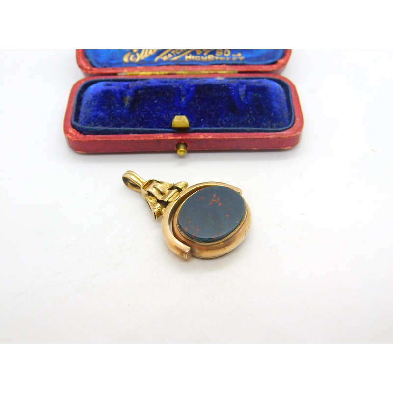 Victorian 10ct Gold, Bloodstone & Carnelian Buckle Form Spinner Fob c1890