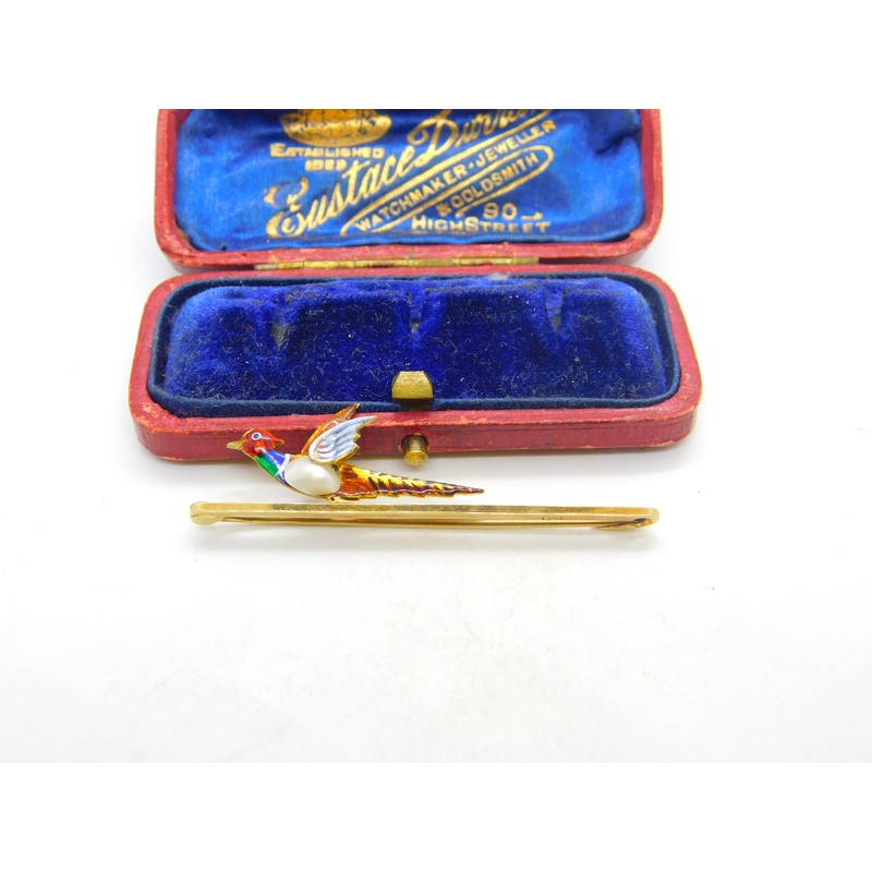 Victorian 15ct Gold, Enamel & Baroque Pearl Pheasant Brooch Pin Antique c1890