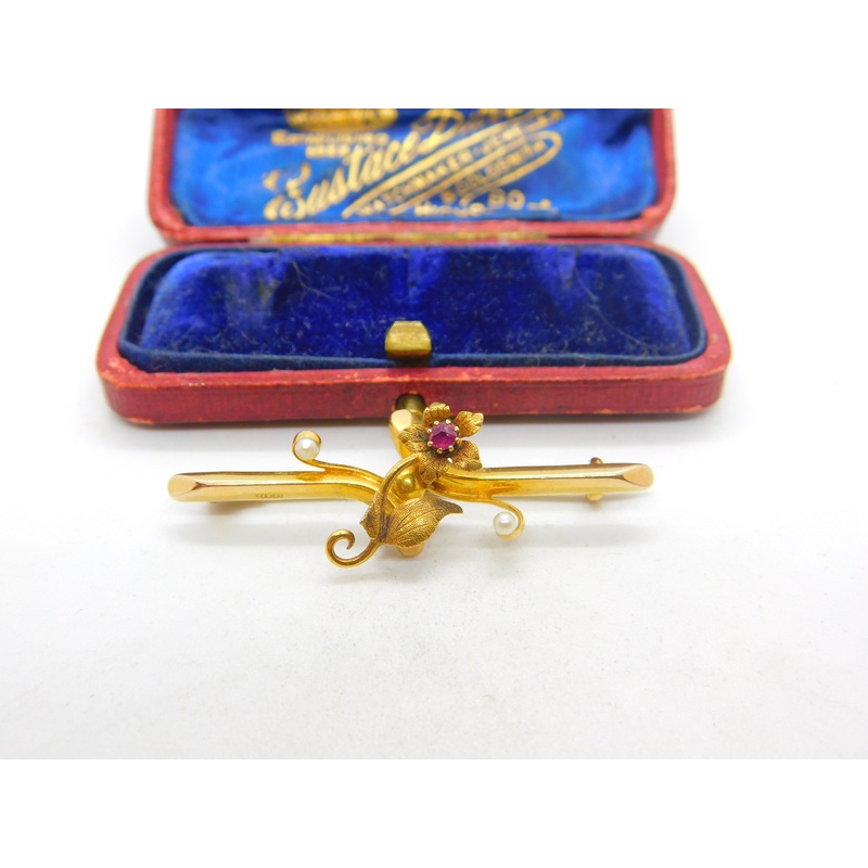 Victorian 15ct Yellow Gold, Ruby & Pearl Set Sweetheart Brooch 1881 Chester