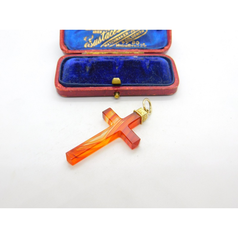 Victorian 18ct Gold & Carved Red Agate Cross Pendant Scottish? Antique c1860