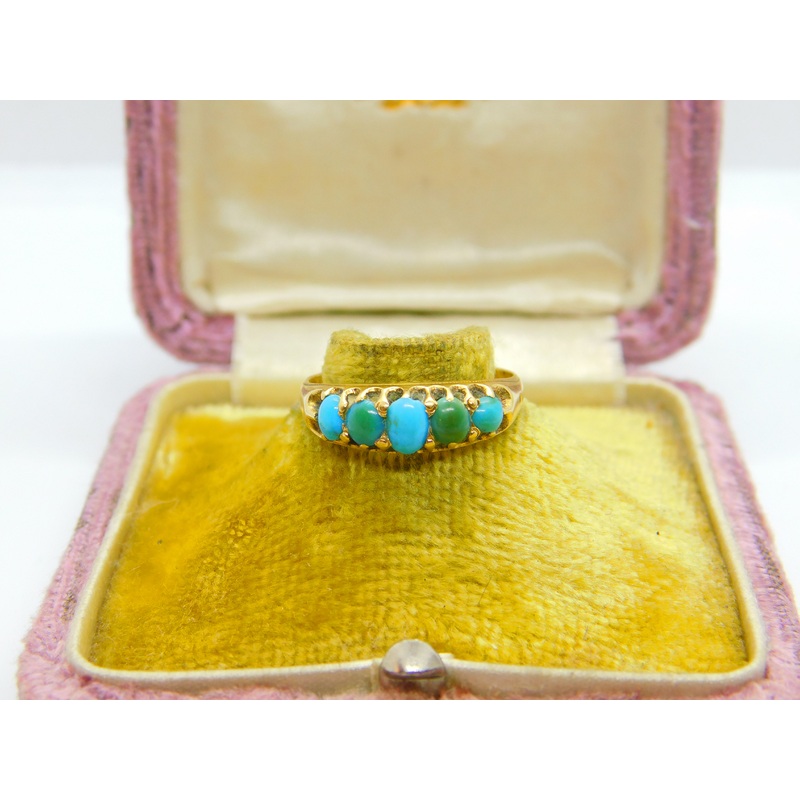 Victorian 18ct Gold & Five-Stone Turquoise Boat Ring 1871 Birmingham Antique