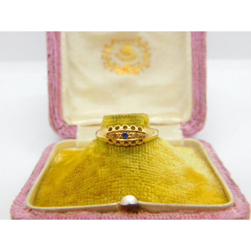 Victorian 18ct Yellow Gold, Sapphire & Diamond Boat Ring 1893 Birmingham