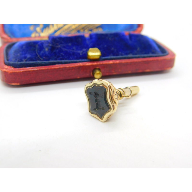 Victorian 9ct Gold Carved Bloodstone Hand Holding Staff Intaglio Fob Seal 1860
