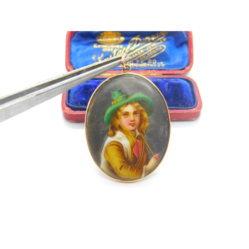 Victorian 9ct Rose Gold Mounted Painted Porcelain Portrait Pendant Antique c1880