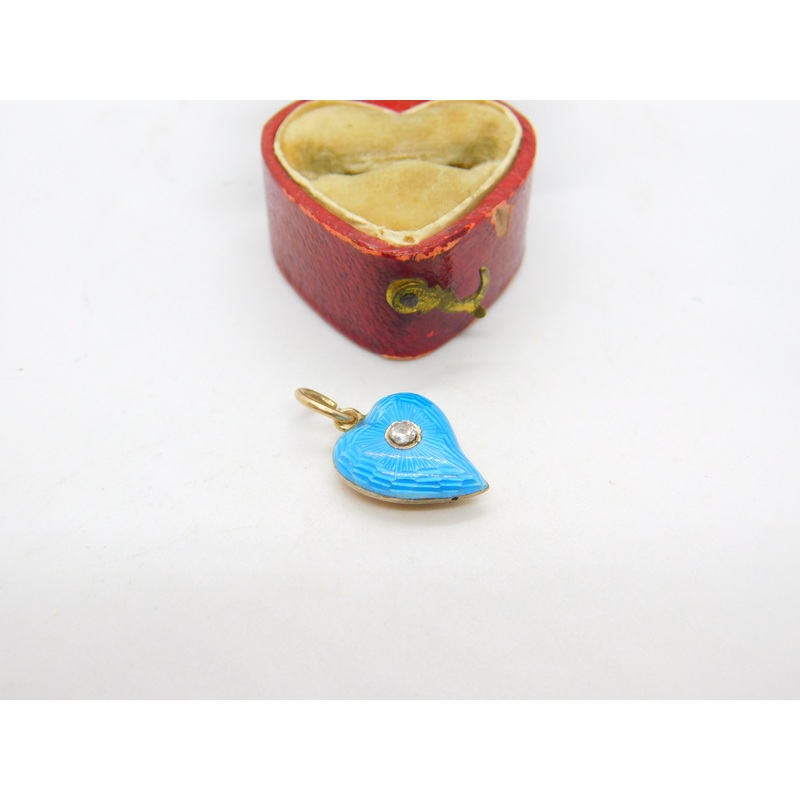 Victorian 9ct Yellow Gold Blue Guilloche Enamel Diamond Set Witches Heart c1860
