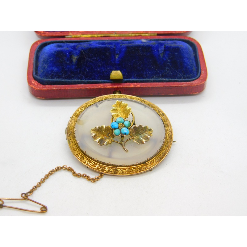 Victorian 9ct Yellow Gold, Chalcedony & Turquoise Set Oak Leaf Brooch c1860