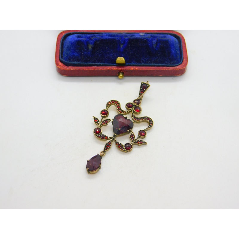 Victorian Austrian 9ct Gold & Bohemian Garnet Floral Heart Drop Lavalier Pendant