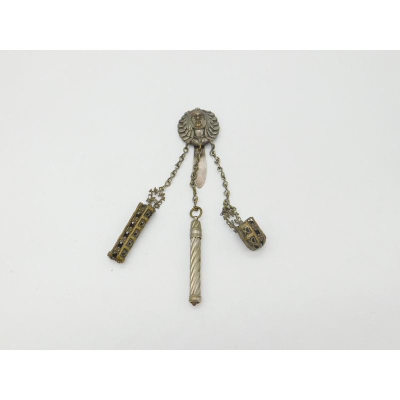 Victorian Egyptian Revival Goddess Gilt Metal Chatelaine inc Tools Antique c1850