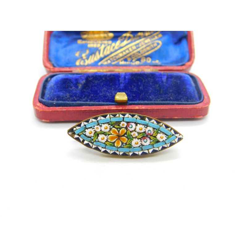 Victorian Gilt Metal Colourful Micro-Mosaic Floral Brooch Antique c1860 Italian