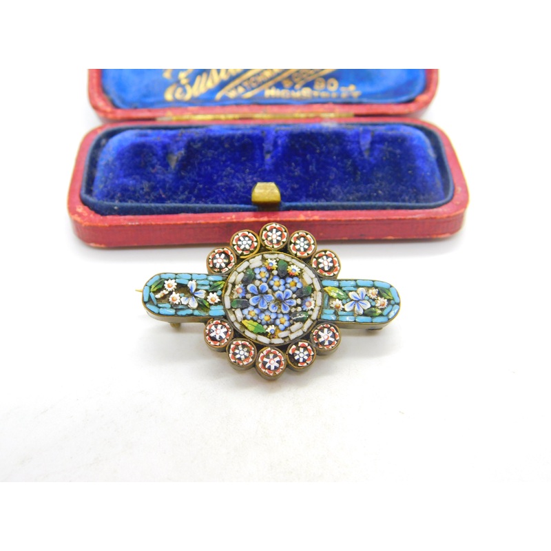 Victorian Gilt Metal Micro-Mosaic Floral Brooch Antique c1860 Italian