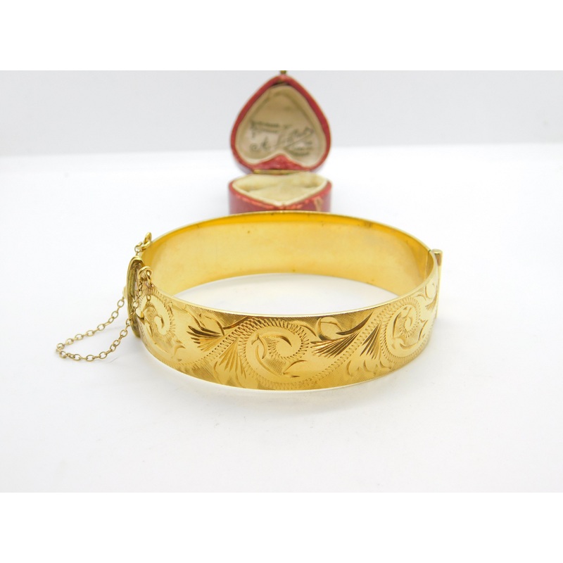Victorian Style 9ct Yellow Gold on Metal Core Floral Bangle Bracelet Antique