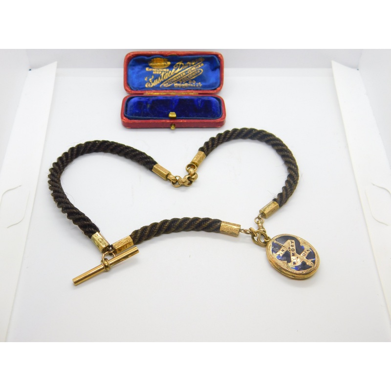 Victorian Woven Hair Pinchbeck Mourning Necklace with 9ct Enamel Memory Locket