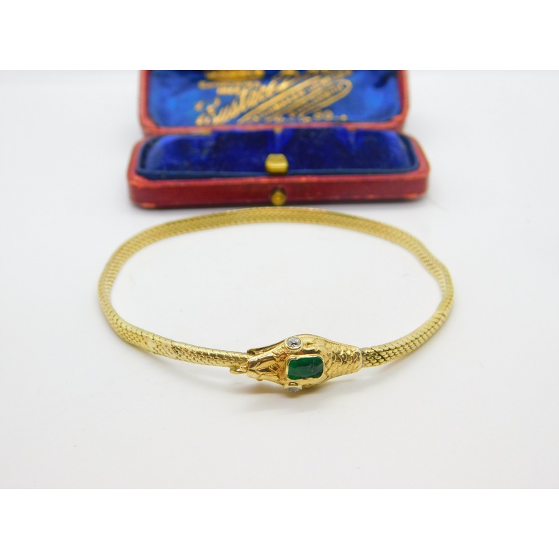Victorian Yellow Gold Snake Serpent Bracelet Emerald & Diamond Set c1880 Antique