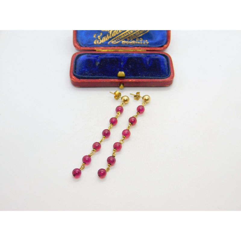 14ct Yellow Gold Filled Beaded Garnet Drop Stud Earrings Vintage c1970