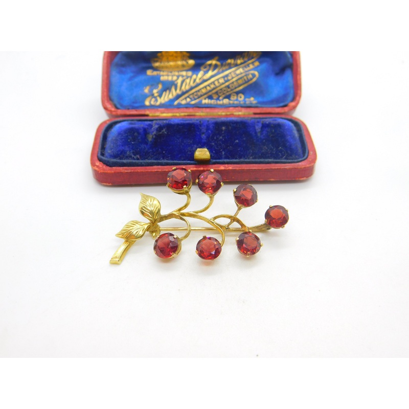 14ct Yellow Gold & Garnet Set Floral Sprig Brooch Antique c1930 Art Deco