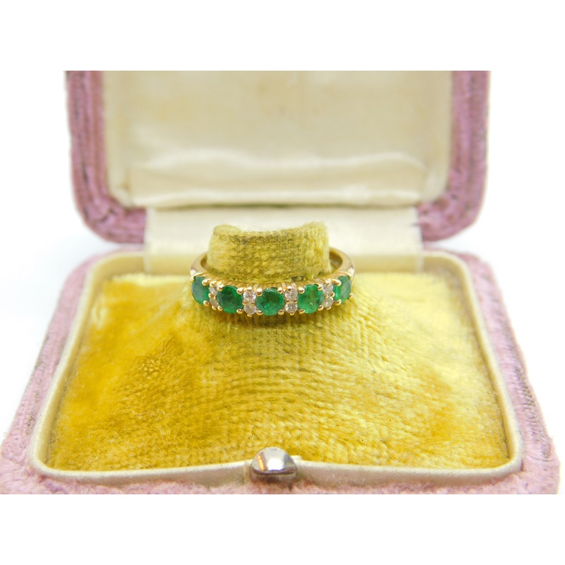 14ct Yellow Gold, Natural Emerald & Diamond Half Eternity Ring Vintage c1970