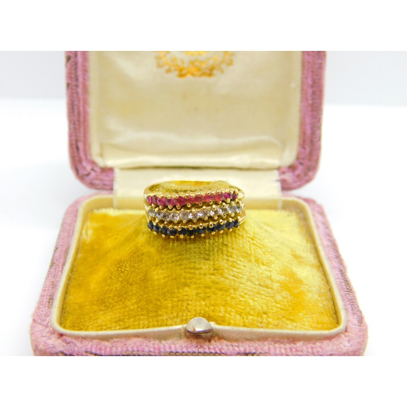 14ct Yellow Gold, Sapphire, Ruby & Diamond Paste Vintage c1970 Size P UK