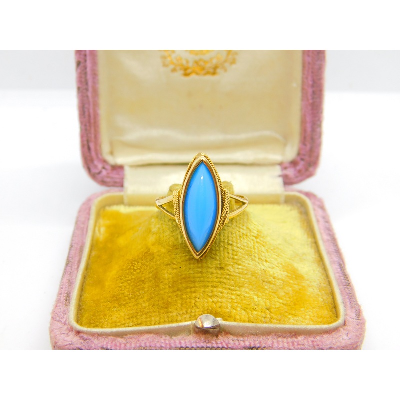 18ct Yellow Gold & Blue Turquoise Signet Ring Antique c1930 Art Deco