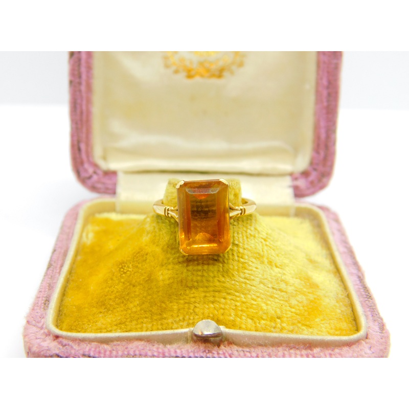 18ct Yellow Gold & Emerald Cut Natural Citrine Cocktail Ring Antique c1920