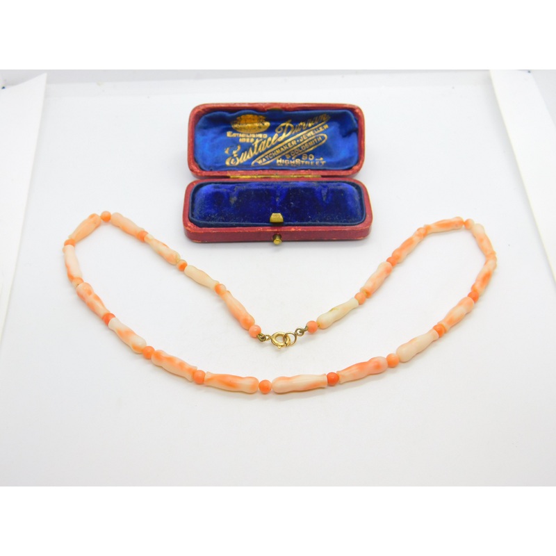 9ct Gold Clasp & Pink Carved Angel Skin Coral Necklace Antique c1930 Art Deco