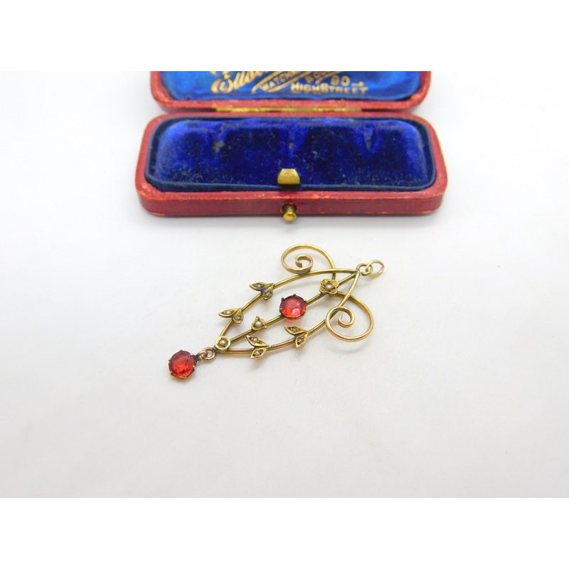 9ct Gold, Garnet & Seed Pearl Lavalier Drop Pendant Antique c1910 Edwardian
