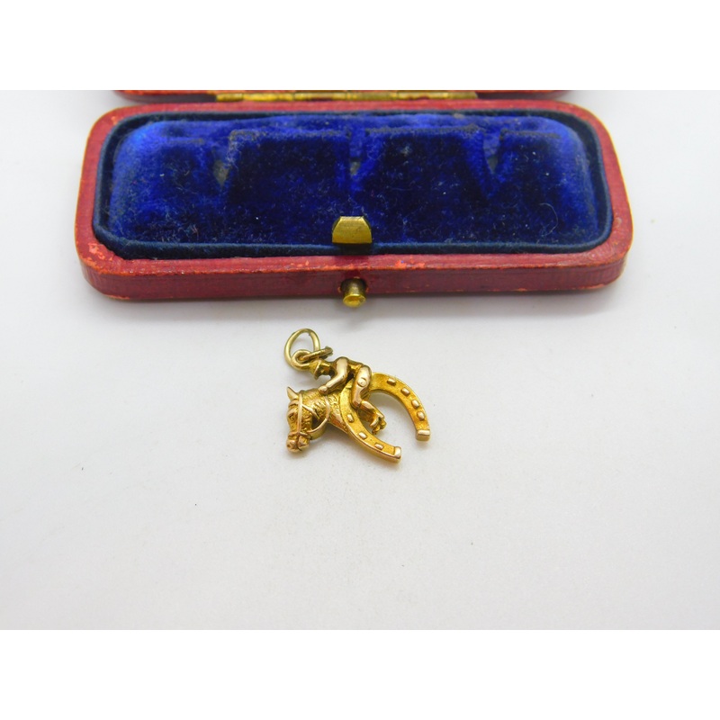 9ct Gold Racing Jockey Riding Lucky Horse Shoe English Charm Pendant Vintage