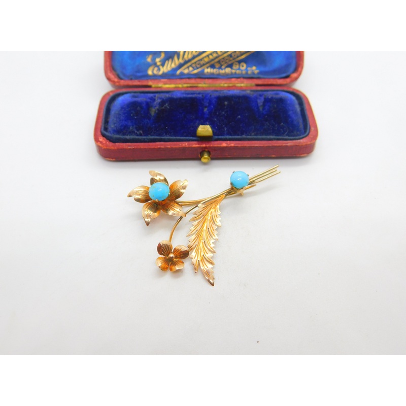 9ct Rose Gold & Cabochon Turquoise Set Floral Sprig Brooch Antique c1930 Deco