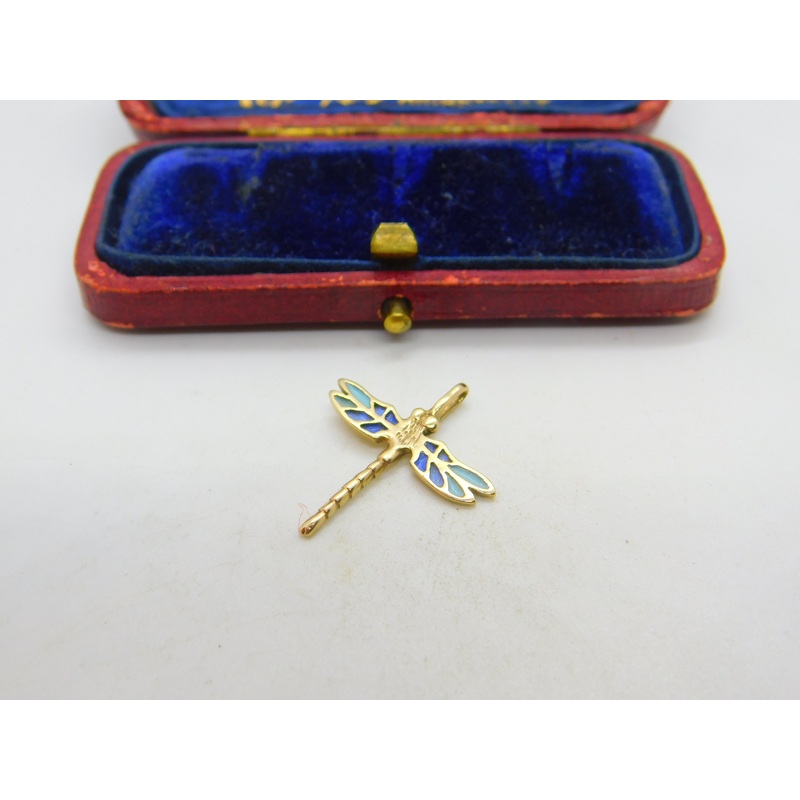 9ct Yellow Gold & Blue Enamel Dragonfly Pendant Vintage 1983 London