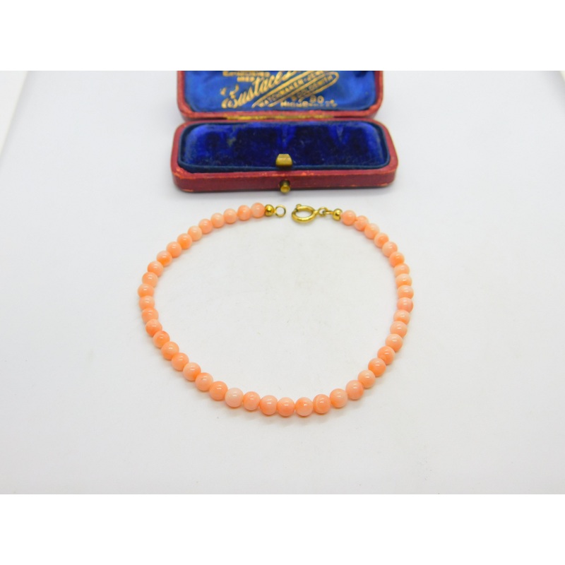 9ct Yellow Gold Clasp & Beaded Pink Coral Bracelet Antique c1930 Art Deco