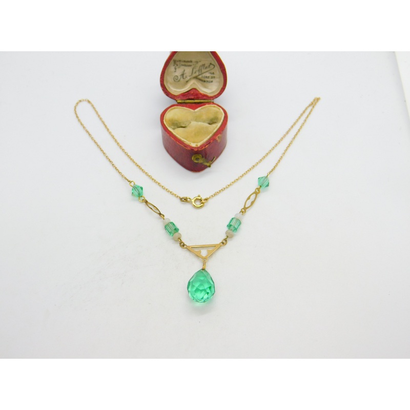 9ct Yellow Gold & Faceted Green Glass Modernist Drop Necklace Art Deco c1940