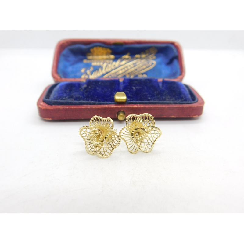 9ct Yellow Gold Filigree Form Spring Flower Stud Earrings Vintage c1990