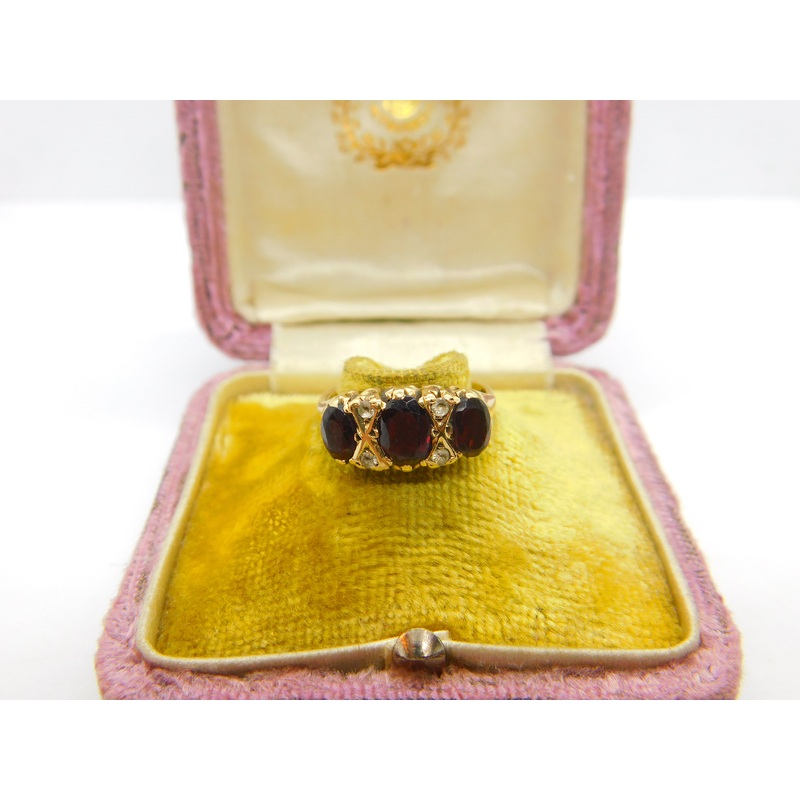 9ct Yellow Gold, Garnet & Diamond Paste Boat Ring 1982 Birmingham Vintage