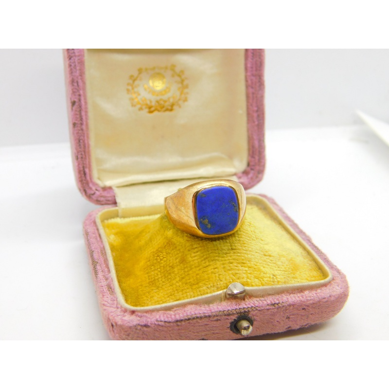 9ct Yellow Gold & Lapis Lazuli Set Square Signet Ring 1942 London Antique