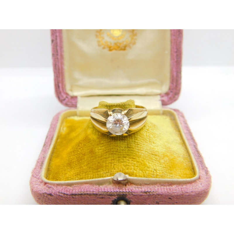 9ct Yellow Gold Large Gents Solitaire Ring with Paste Stone Vintage c1970