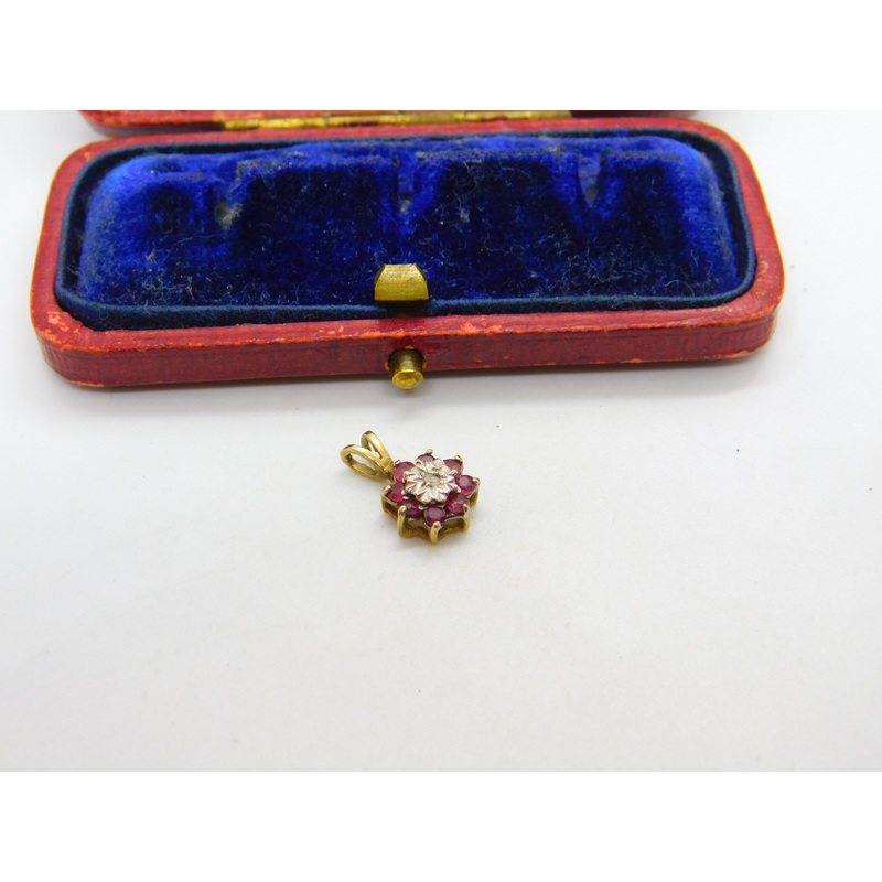 9ct Yellow Gold, Ruby & Diamond Floral Cluster Drop Pendant 1989 London