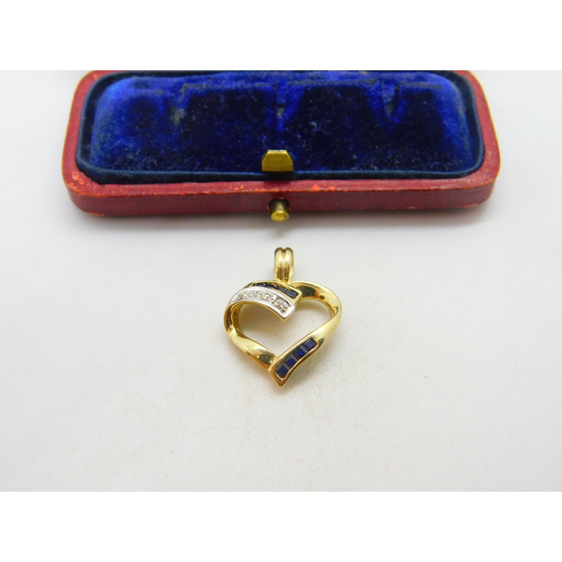 9ct Yellow Gold, Sapphire & Diamond Heart Drop Pendant Vintage c1990 Sheffield