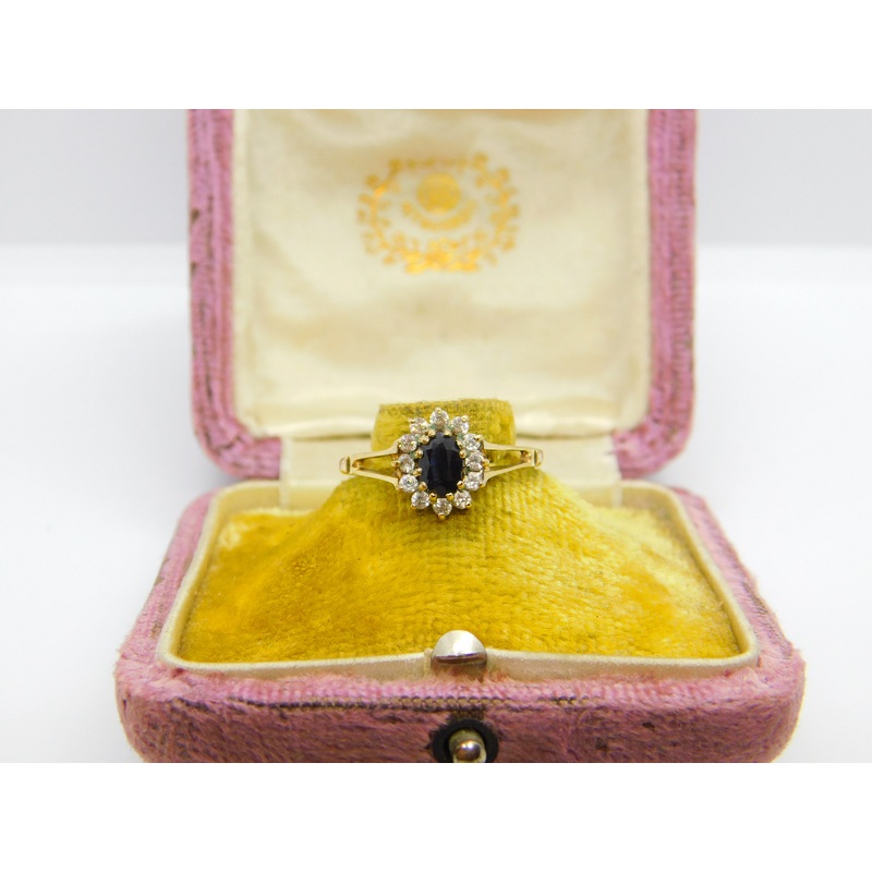 9ct Yellow Gold, Sapphire & Diamond Paste Floral Cluster Ring Vintage 1987