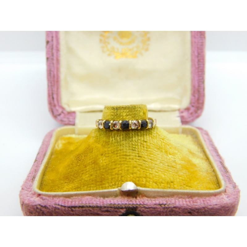 9ct Yellow Gold, Sapphire & Diamond Paste Half Eternity Ring Vintage c1970