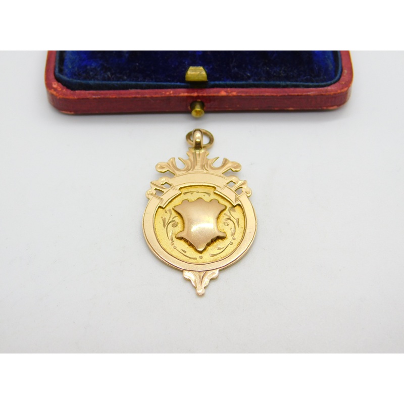 9ct Yellow Gold Sporting Watch Chain Fob Medal Antique 1927 Chester Art Deco