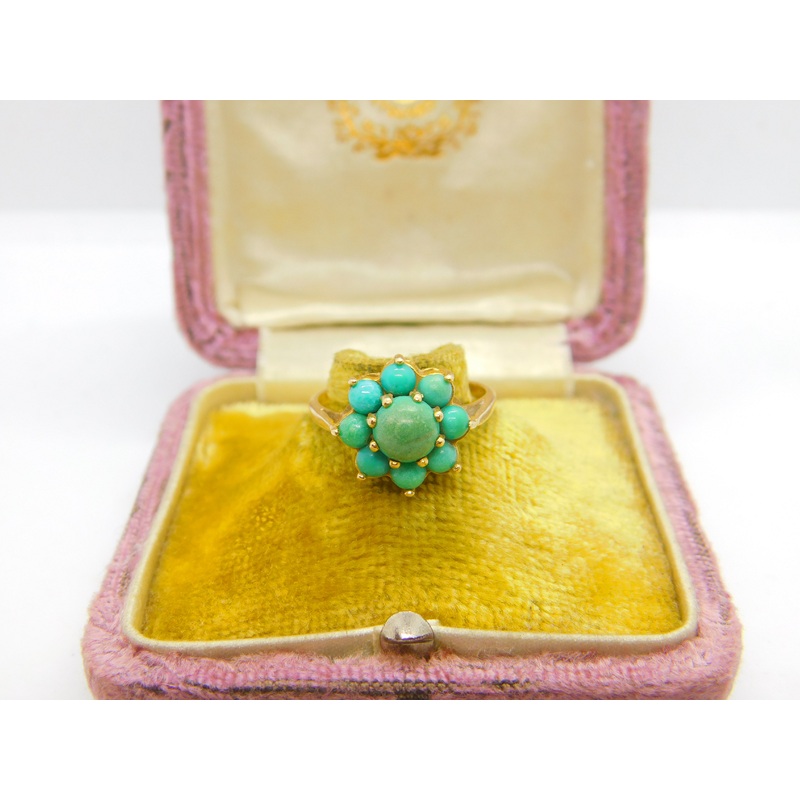 9ct Yellow Gold & Turquoise Set Floral Cluster Ring Antique c1930 Art Deco