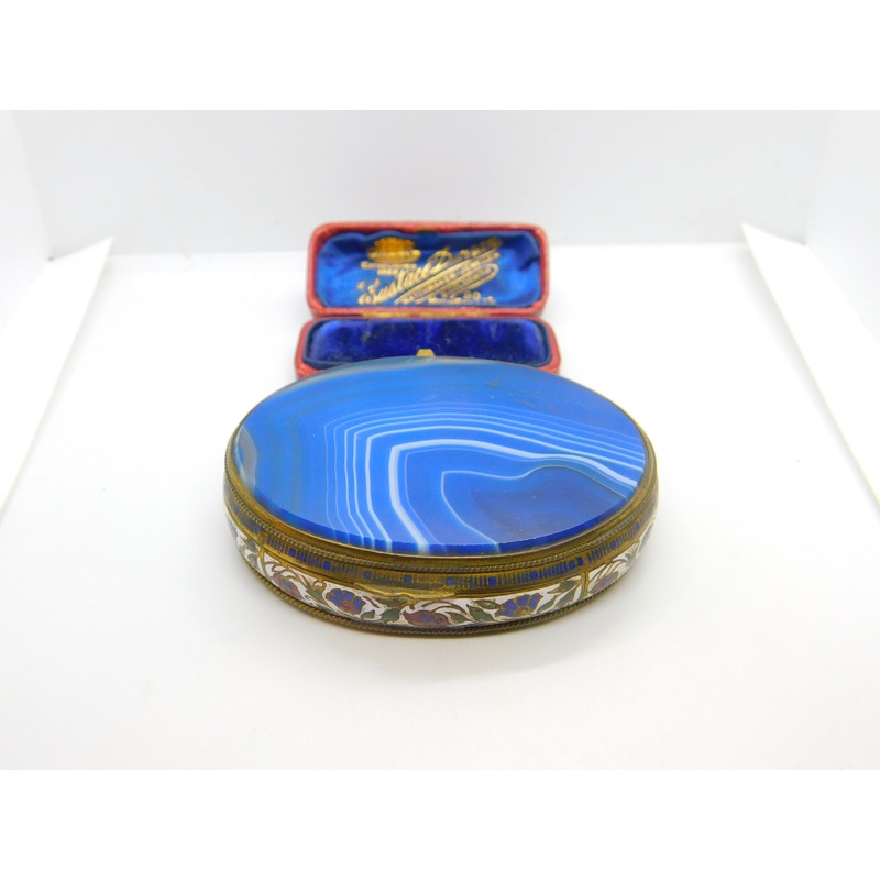 Austro Hungarian Gilt Metal, Blue Agate & Floral Enamel Trinket Box c1860