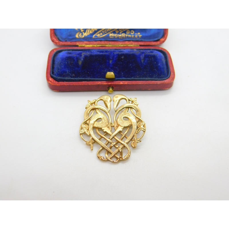 Celtic Double Bird Modernist 9ct Yellow Gold Brooch Pin Vintage 2000