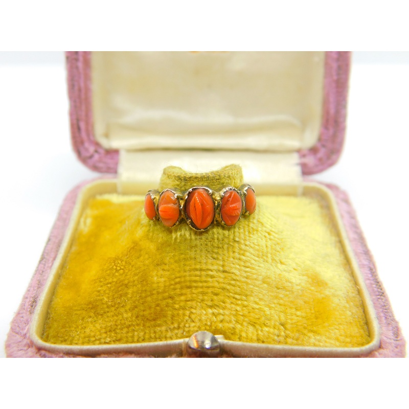 Early Georgian 9ct Gold & Five-Part Carved Floral Red Coral Ring c1760 Antique