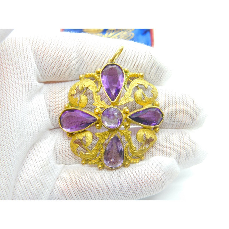 Early Victorian Pinchbeck Gold & Faceted Amethyst Floral Pendant c1860 Antique