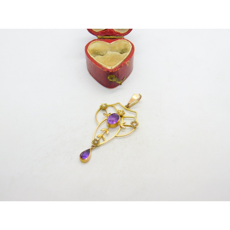 Edwardian 9ct Gold, Amethyst & Seed Pearl Lavalier Drop Pendant Antique c1910