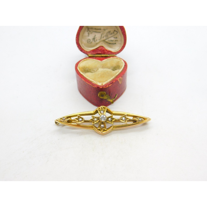 Edwardian 9ct Gold, Aquamarine & Seed Pearl Sweetheart Brooch Antique c1910