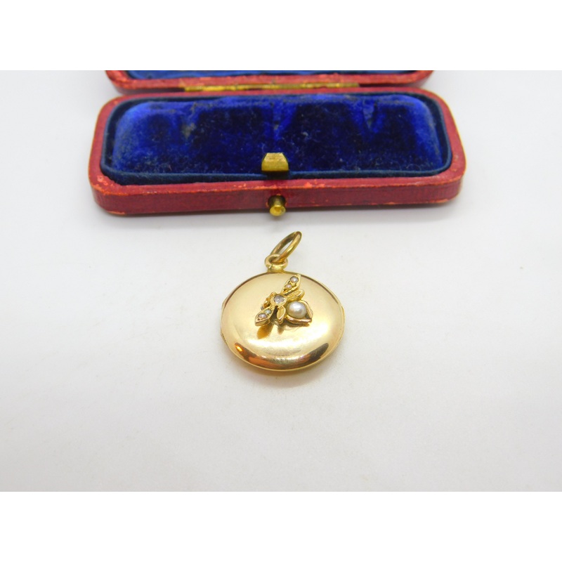 Edwardian 9ct Gold Back & Front, Pearl & Diamond Insect Locket Pendant Antique