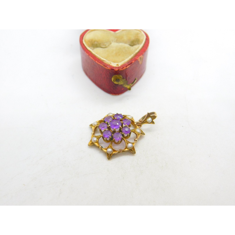 Edwardian 9ct Gold, Seed Pearl & Amethyst Floral Floral Drop Pendant c1910