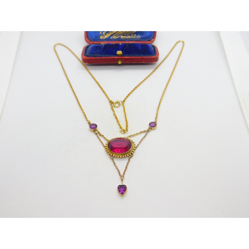 Edwardian 9ct Gold, Topaz & Amethyst Heart Form Drop Necklace Antique c1910